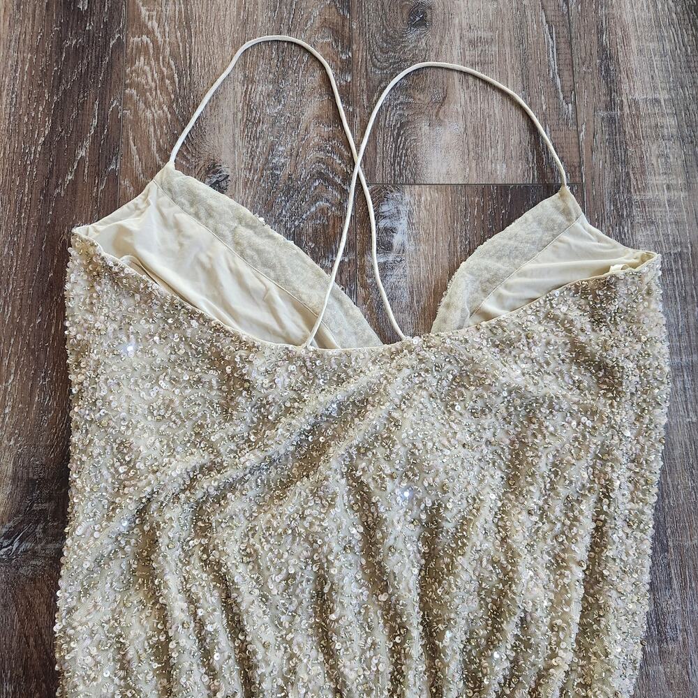 Retrofete Mini Sequin Dress Faux Wrap Sleeveless Tan/Brown Size Medium - Picture 6 of 9